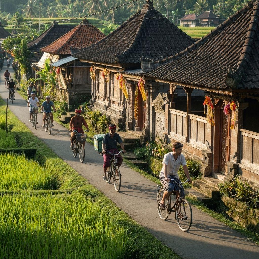 Cyclists travelling through a traditional Balinese village